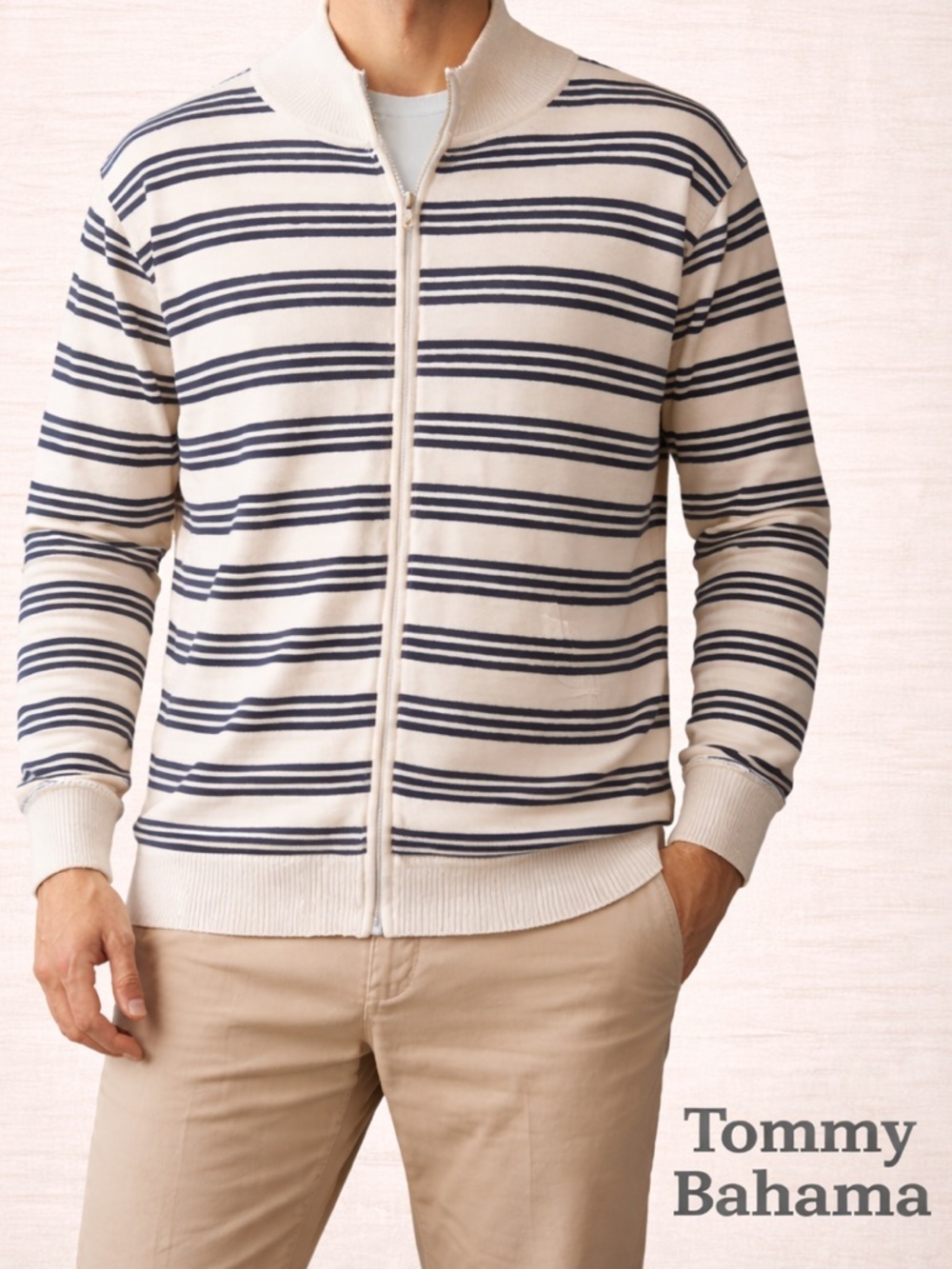 Tommy Bahama NWT Striped Zip Cardigan Sweater XL Navy Cream